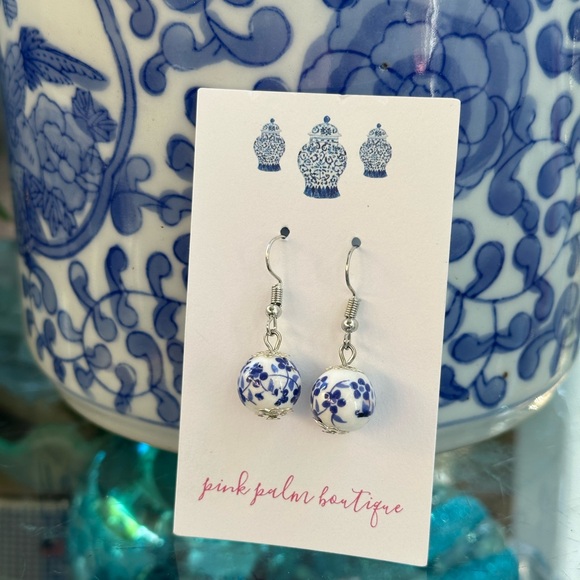 Chinoiserie Porcelain Dangle Earrings Pink+Green / Blue + White Grandmillennial - Picture 1 of 15